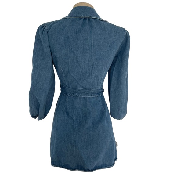 Zara Blue Denim Cotton Button Shirt Mini Dress Belted Balloon Sleeve Pockets XS - Picture 5 of 9